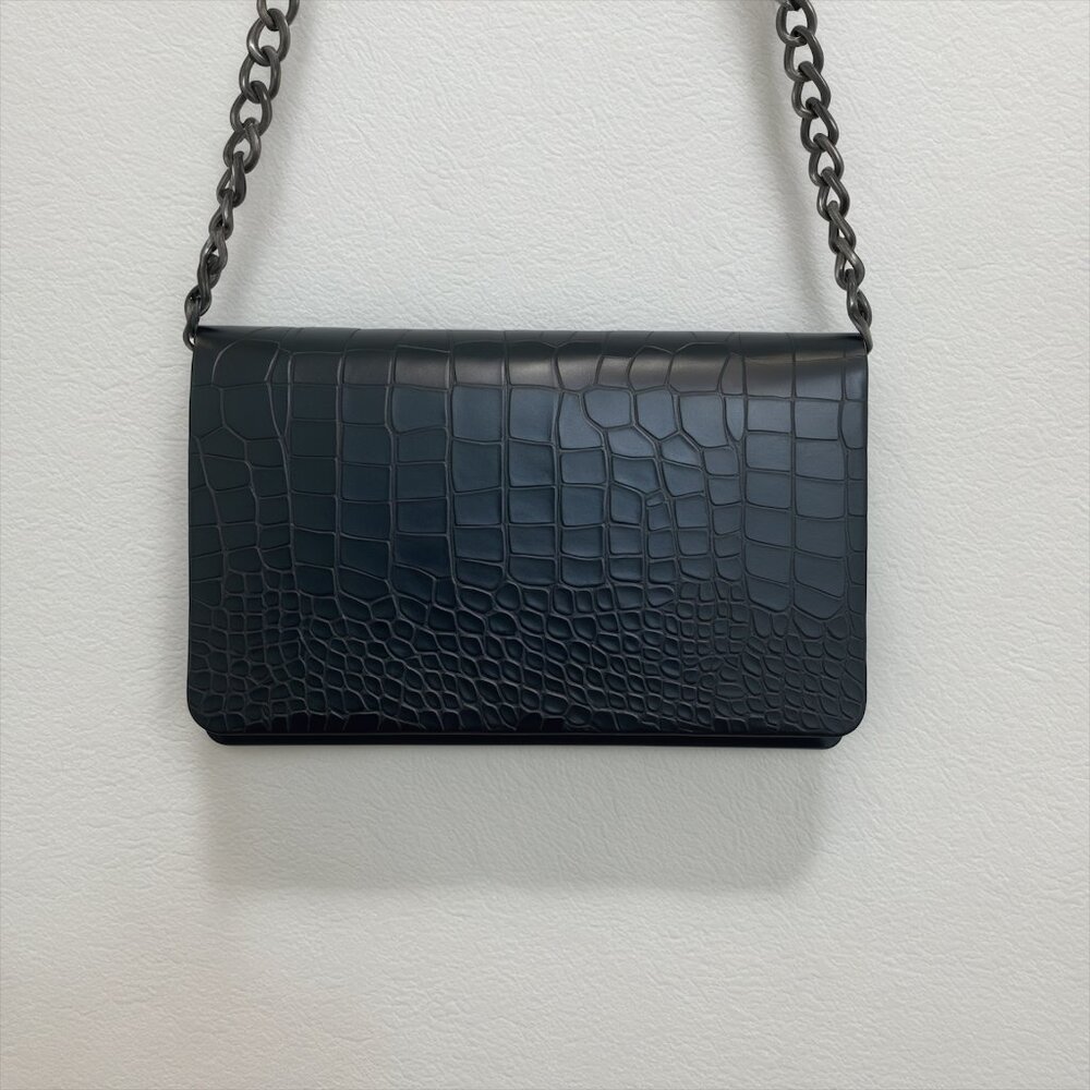 Black Crocodile Embossed Crossbody Bag Chain Strap Vegan Leather Clutch - Picture 6 of 8